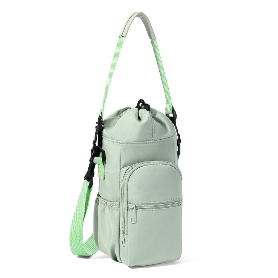 2-Pack Green Muti-Pockets Insulated Water Bottle Holder and Adjustable Phone Crossbody Bag – 40oz Bottle Large Waterproof Cooler Sling Bag with Drawstring Closure and PE Cotton and Aluminium Foil Lining