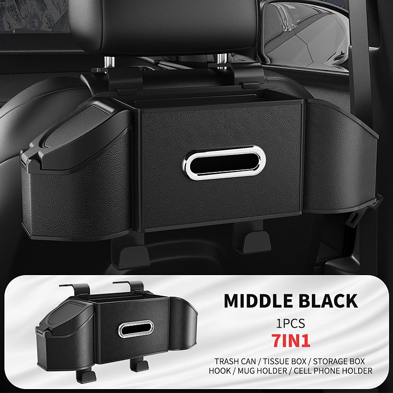 Middle Black Multifunctional Car Seat Back Storage Boxand Trash Can – PVC Leather Vehicle Hanging Organizer with Tissue Box Holder, Cup Holder, Phone Stand and Dual Hooks for Tidy Daily Commuting & Road Trip
