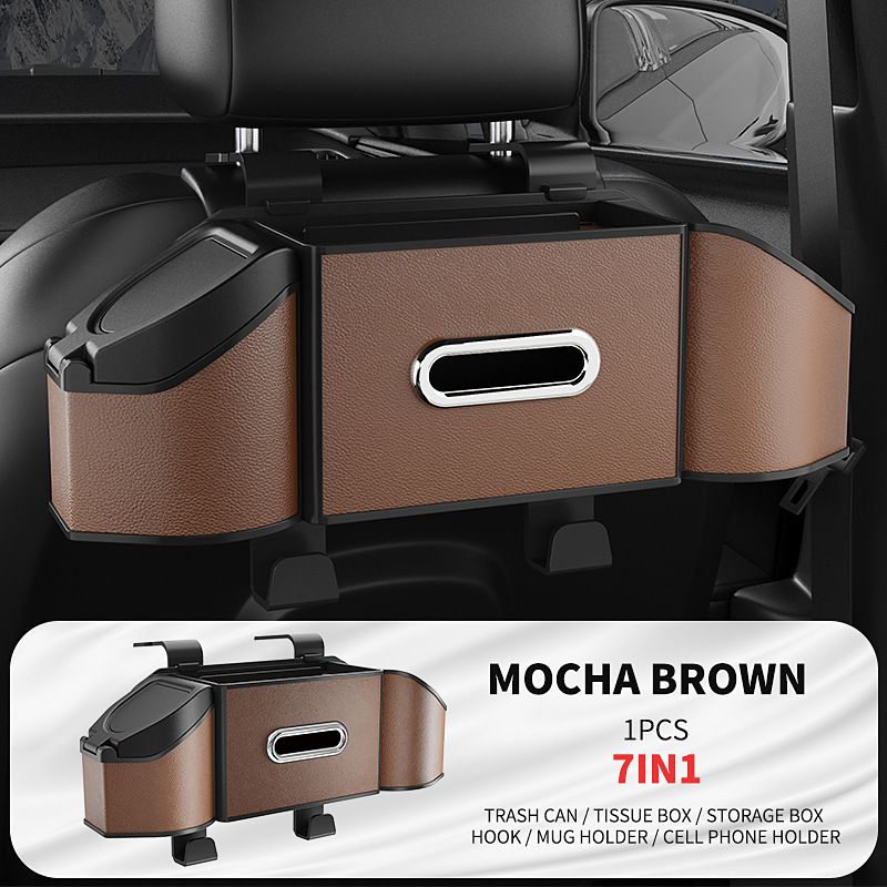 Mocha Brown Multifunctional Car Seat Back Storage Boxand Trash Can – PVC Leather Vehicle Hanging Organizer with Tissue Box Holder, Cup Holder, Phone Stand and Dual Hooks for Tidy Daily Commuting & Road Trip