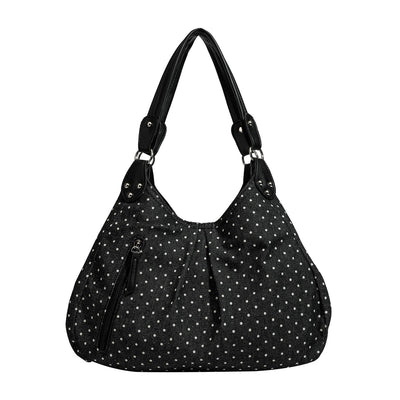 Vintage Polka Dot Handbag for Women with Fixed Shoulder Strap – Large Capacity Stylish Casual Canvas Tote Bag, Multi Compartment Zipper Pockets, Structured Shape Design and Rivet Decoration