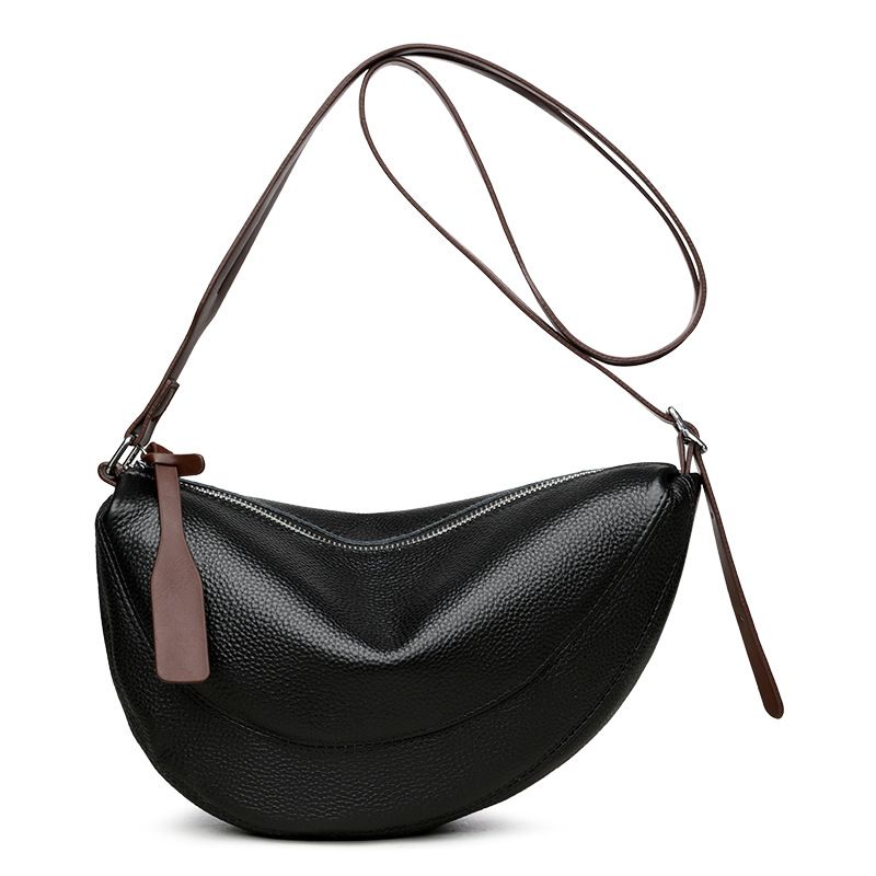 Black Stylish Genuine Leather Crescent Shape Shoulder Bag for Women – Compact Grained Cowhide Adjustable Crossbody Handbag with Spacious Zipper Compartment and Leather Puller, 28 x 18 x 9 CM