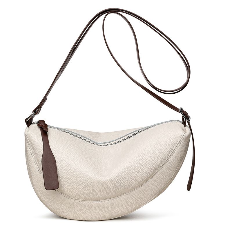 White Stylish Genuine Leather Crescent Shape Shoulder Bag for Women – Compact Grained Cowhide Adjustable Crossbody Handbag with Spacious Zipper Compartment and Leather Puller, 28 x 18 x 9 CM