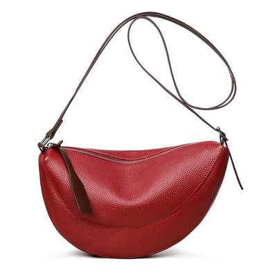 Red Stylish Genuine Leather Crescent Shape Shoulder Bag for Women – Compact Grained Cowhide Adjustable Crossbody Handbag with Spacious Zipper Compartment and Leather Puller, 28 x 18 x 9 CM
