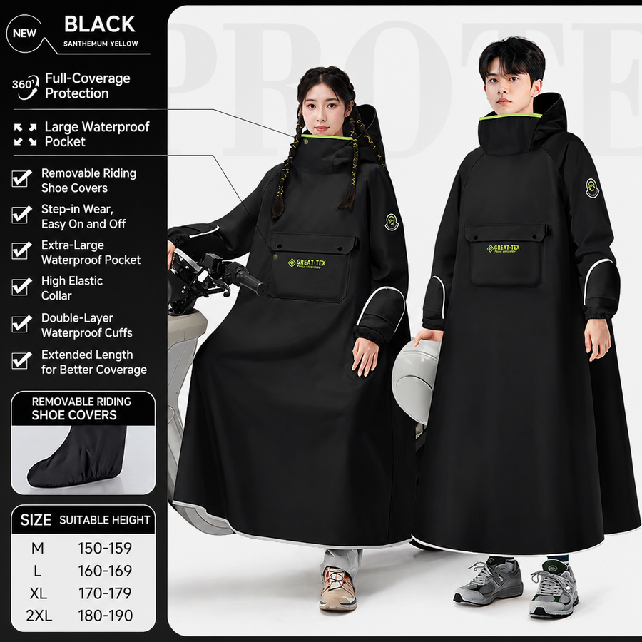 Black Full Coverage & Extended Cycling Hooded Rain Poncho with Detachable Shoe Covers, 2XL Size – Thickened Waterproof Oxford Motorcycle Raincoat with Face-Protection Elastic Collar, Large Storage Pocket and Foldable Sleeve Cover for Men Women Outdoor Use