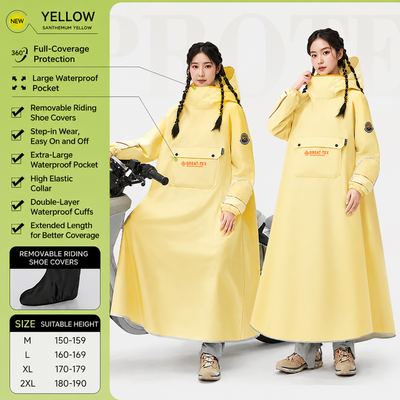 Yellow Full Coverage & Extended Cycling Hooded Rain Poncho with Detachable Shoe Covers, L Size – Thickened Waterproof Oxford Motorcycle Raincoat with Face-Protection Elastic Collar, Large Storage Pocket and Foldable Sleeve Cover for Men Women Outdoor Use