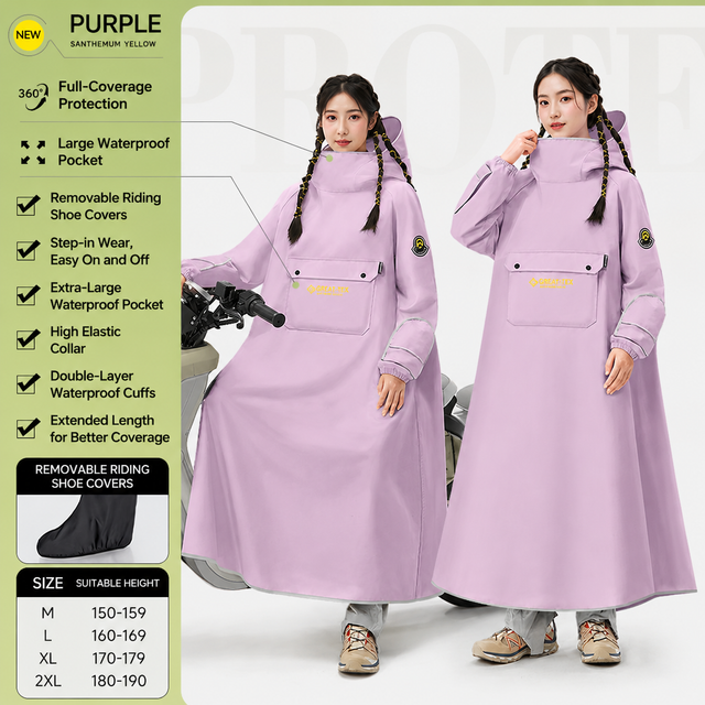 Purple Full Coverage & Extended Cycling Hooded Rain Poncho with Detachable Shoe Covers, M Size – Thickened Waterproof Oxford Motorcycle Raincoat with Face-Protection Elastic Collar, Large Storage Pocket and Foldable Sleeve Cover for Men Women Outdoor Use
