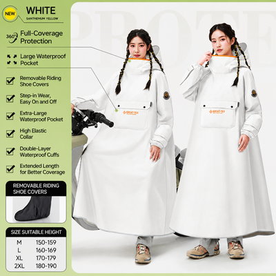 White Full Coverage & Extended Cycling Hooded Rain Poncho with Detachable Shoe Covers, XL Size – Thickened Waterproof Oxford Motorcycle Raincoat with Face-Protection Elastic Collar, Large Storage Pocket and Foldable Sleeve Cover for Men Women Outdoor Use