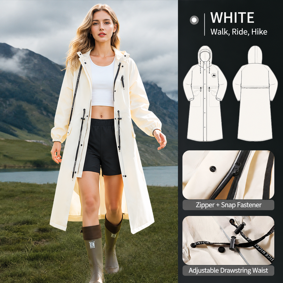 White Full-Cover Hooded EVA Raincoat, Long Trench Coat Waterproof Rain Poncho with Adjustable Waist & Collar Drawstring, Zipper & Snap Windproof Closure, Extended Clear Brim and Covered Pockets for Dailywear Cycling Hiking Camping Use, XL Size