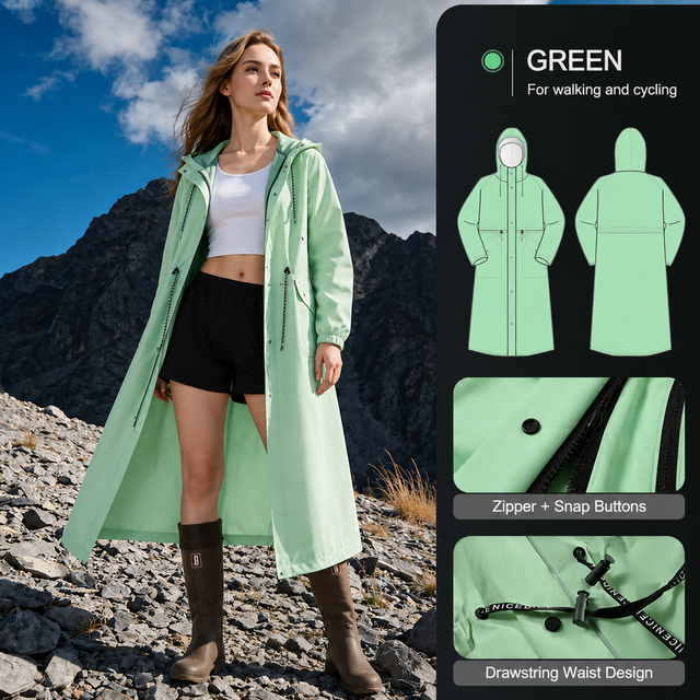 Green Full-Cover Hooded EVA Raincoat, Long Trench Coat Waterproof Windproof Rain Poncho with Adjustable Waist & Collar Drawstring, Extended Clear Brim and Covered Pockets for Dailywear Cycling Hiking Camping Use, XL Size