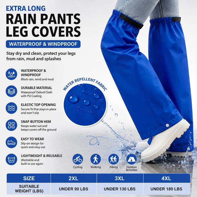Royal Blue Waterproof Rain Leg Covers and Long Half Rain Pants, Quick Pull-On with Adjustable Elastic Top & Snap Closure Cuffs – Lightweight & Reusable, Windproof & Mudproof for Commuting, Cycling, Garden and Outdoor Activities (1 Pair 3XL)