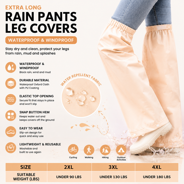 Beige Waterproof Rain Leg Covers and Long Half Rain Pants, Quick Pull-On with Adjustable Elastic Top & Snap Closure Cuffs – Lightweight & Reusable, Windproof & Mudproof for Commuting, Cycling, Garden and Outdoor Activities (1 Pair 4XL)