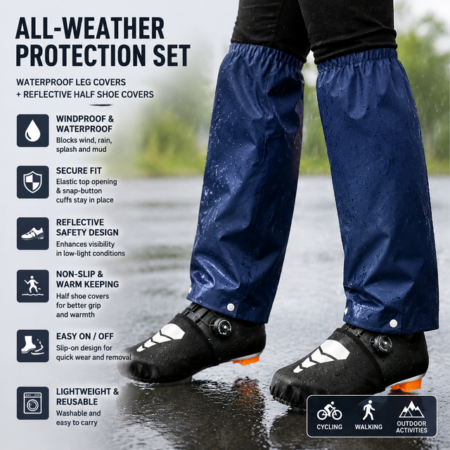 Navy Blue Waterproof Windproof Cycling Shoe Covers & Long Half Rain Pants Set – 2 Pairs Nonslip Reflective Half Toe Shoe Covers and 1 Pair Quick Pull-On Adjustable Leg Covers 3XL for Commuting, Hiking and Outdoor Riding