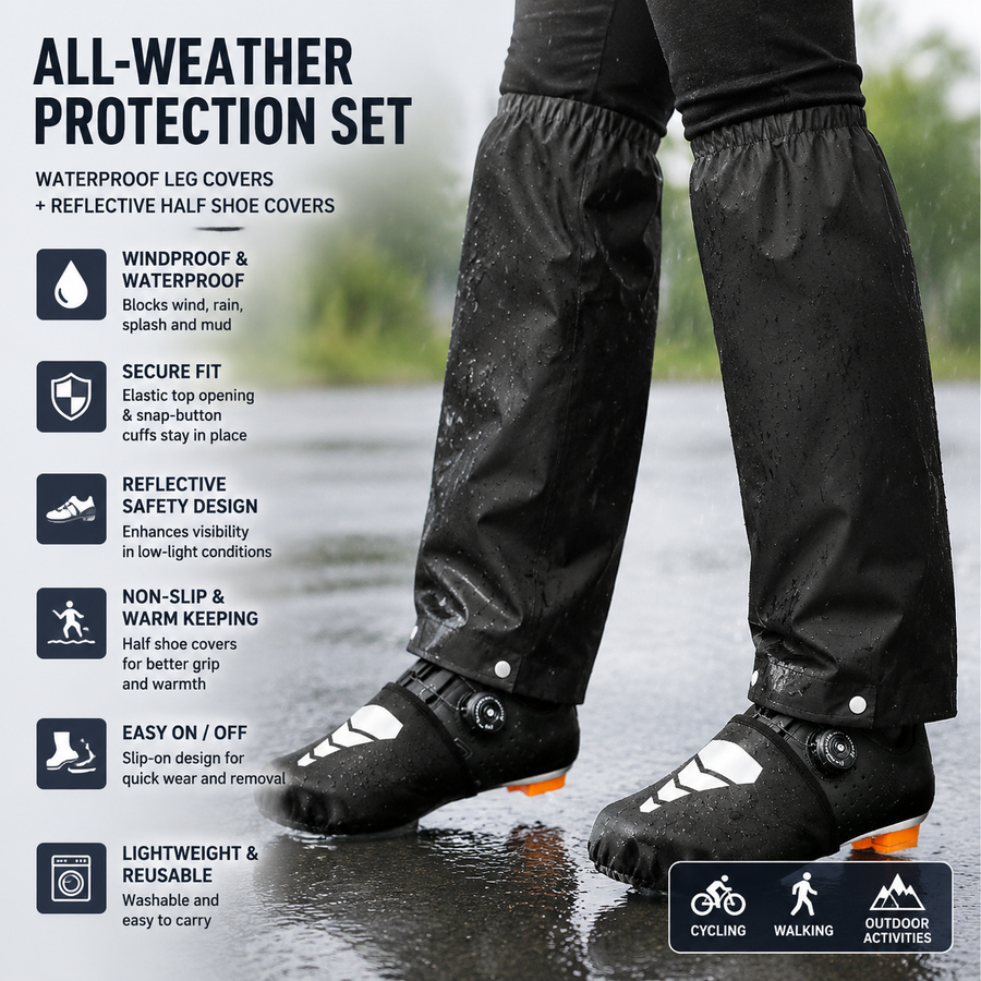 Black Waterproof Windproof Cycling Shoe Covers & Long Half Rain Pants Set – 2 Pairs Nonslip Reflective Half Toe Shoe Covers and 1 Pair Quick Pull-On Adjustable Leg Covers 4XL for Commuting, Hiking and Outdoor Riding