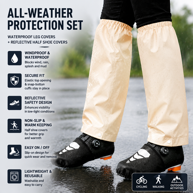 Beige Waterproof Windproof Cycling Shoe Covers & Long Half Rain Pants Set – 2 Pairs Nonslip Reflective Half Toe Shoe Covers and 1 Pair Quick Pull-On Adjustable Leg Covers 4XL for Commuting, Hiking and Outdoor Riding