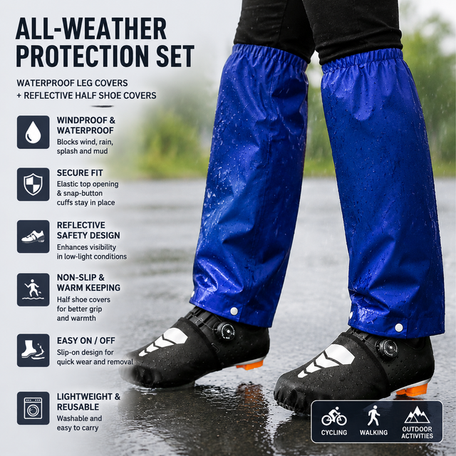 Royal Blue Waterproof Windproof Cycling Shoe Covers & Long Half Rain Pants Set – 2 Pairs Nonslip Reflective Half Toe Shoe Covers and 1 Pair Quick Pull-On Adjustable Leg Covers 4XL for Commuting, Hiking and Outdoor Riding