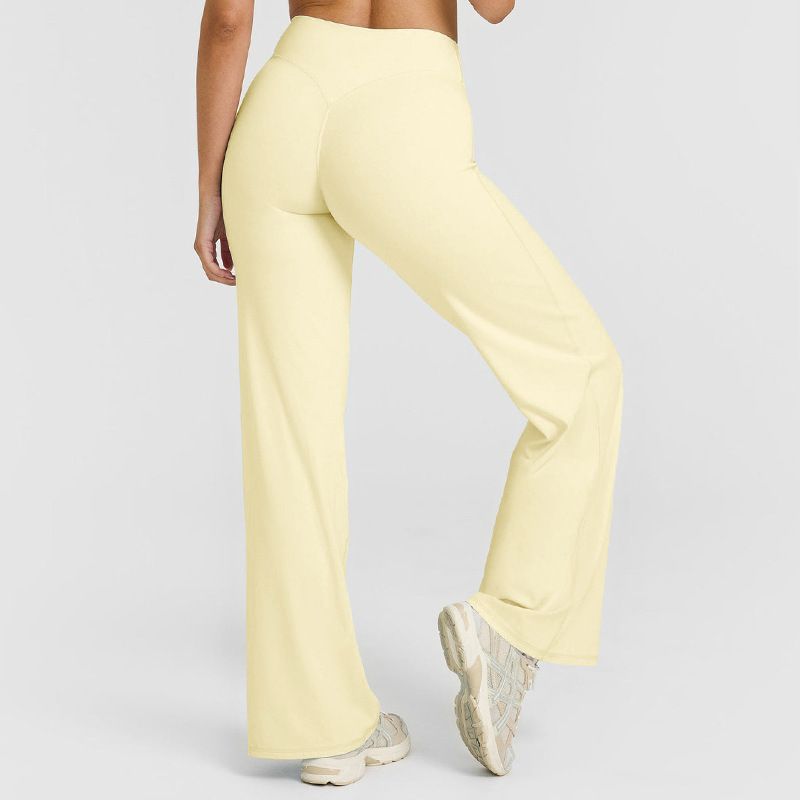 L Size Yellow High Waisted Flare Yoga Pants for Women - M-Shaped Peach Hip Lifting Wide-Leg Workout Trousers with Soft & Skin Feel Four Way Stretch Fabric, Breathable & Quick Dry