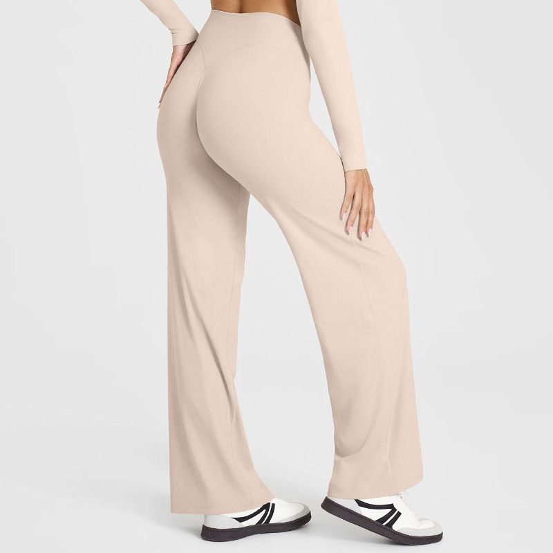 L Size Apricot High Waisted Flare Yoga Pants for Women - M-Shaped Peach Hip Lifting Wide-Leg Workout Trousers with Soft & Skin Feel Four Way Stretch Fabric, Breathable & Quick Dry