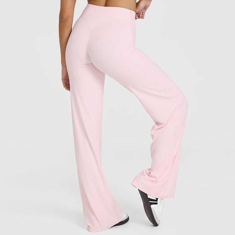 L Size Pink High Waisted Flare Yoga Pants for Women - M-Shaped Peach Hip Lifting Wide-Leg Workout Trousers with Soft & Skin Feel Four Way Stretch Fabric, Breathable & Quick Dry