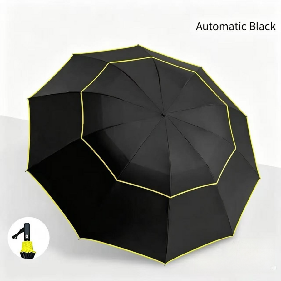 Black Compact 3-Folding Automatic Golf Umbrella, 42 Inch Large Coverage Double Canopy with 10 Steel Windproof Ribs, Waterproof Impact Cloth for Men and Women, Outdoor Sports Sun & Rain Protection