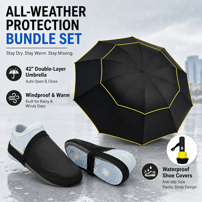 Black Compact 3-Fold Automatic Golf Umbrella (Dia 42 Inch) + Waterproof Thermal Half Shoe Covers (S Size) with Anti Slip Elastic Strap– Windproof & Stainproof Full Body Rain Protection Kit for Golf, Cycling and Outdoor Activities