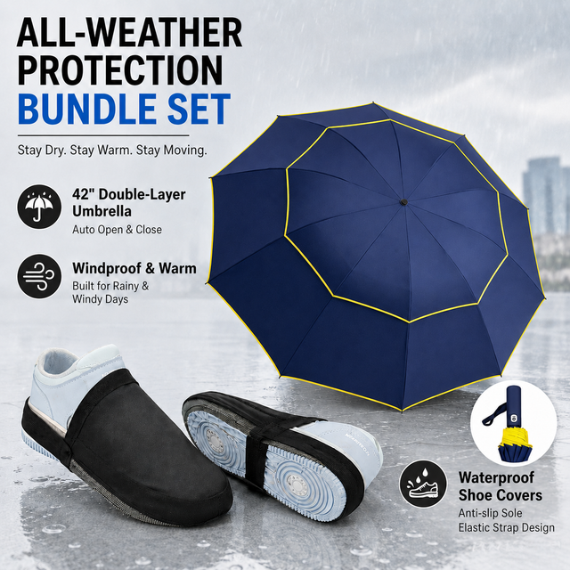 Navy Blue Compact 3-Fold Automatic Golf Umbrella (Dia 42 Inch) + Waterproof Thermal Half Shoe Covers (M Size) with Anti Slip Elastic Strap– Windproof & Stainproof Full Body Rain Protection Kit for Golf, Cycling and Outdoor Activities