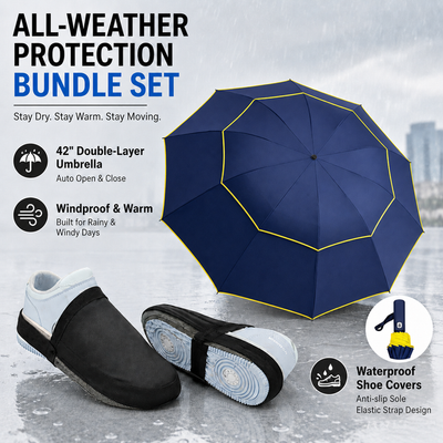 Navy Blue Compact 3-Fold Automatic Golf Umbrella (Dia 42 Inch) + Waterproof Thermal Half Shoe Covers (L Size) with Anti Slip Elastic Strap– Windproof & Stainproof Full Body Rain Protection Kit for Golf, Cycling and Outdoor Activities
