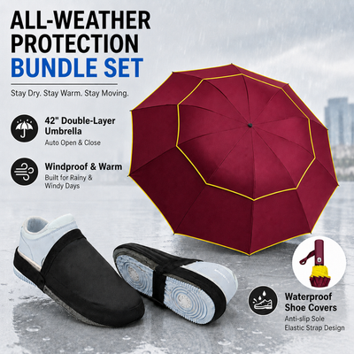 Wine Red Compact 3-Fold Automatic Golf Umbrella (Dia 42 Inch) + Waterproof Thermal Half Shoe Covers (L Size) with Anti Slip Elastic Strap– Windproof & Stainproof Full Body Rain Protection Kit for Golf, Cycling and Outdoor Activities