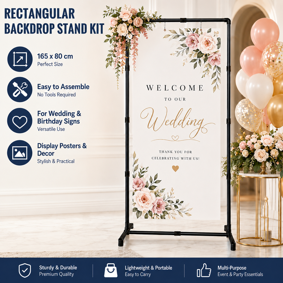 Black Square Backdrop Display Stand, Adjustable Display Rack, Flexible DIY Modular Frame and Easy Installation for Wedding Ceremony, Birthday Party, Banner Sign, Poster and Event Deco