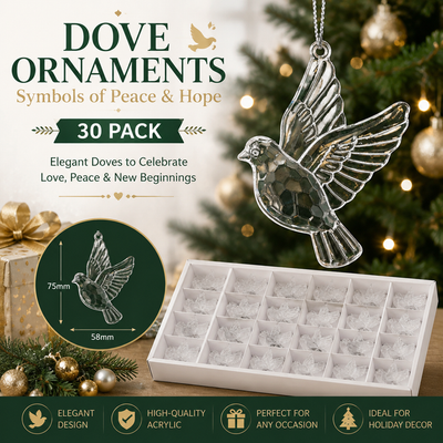 Crystal Flat Dove Christmas Ornament Set (30 PCS) – Elegant Peace Dove Hanging Pendant, Wedding Party Window Display Decor and Holiday Tree Accessories