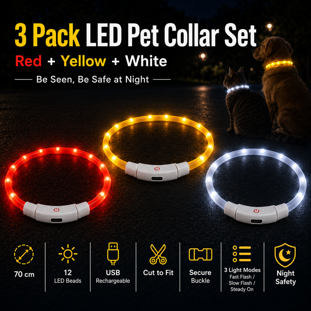3PCS USB Rechargeable LED Pet Collar (Red Yellow White) – 70cm Cuttable Silicone Glow Dog Collar with 12 LED Beads, 3 Flash Modes and Secure Buckle Design, Night Safety Glow Necklace for Dogs and Cats Walking