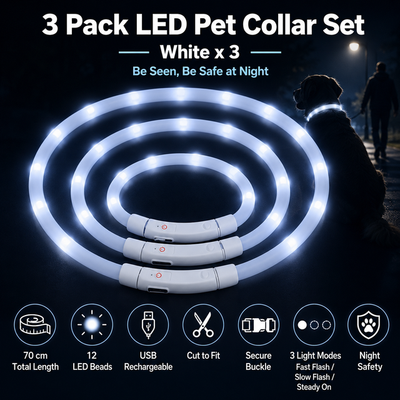 3PCS White USB Rechargeable LED Pet Collar Set – 70cm Cuttable Silicone Glow Dog Collar with 12 LED Beads, 3 Flash Modes and Secure Buckle Design, Night Safety Glow Necklace for Dogs and Cats Walking