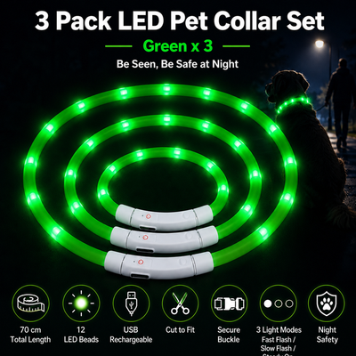 3PCS Green USB Rechargeable LED Pet Collar Set – 70cm Cuttable Silicone Glow Dog Collar with 12 LED Beads, 3 Flash Modes and Secure Buckle Design, Night Safety Glow Necklace for Dogs and Cats Walking