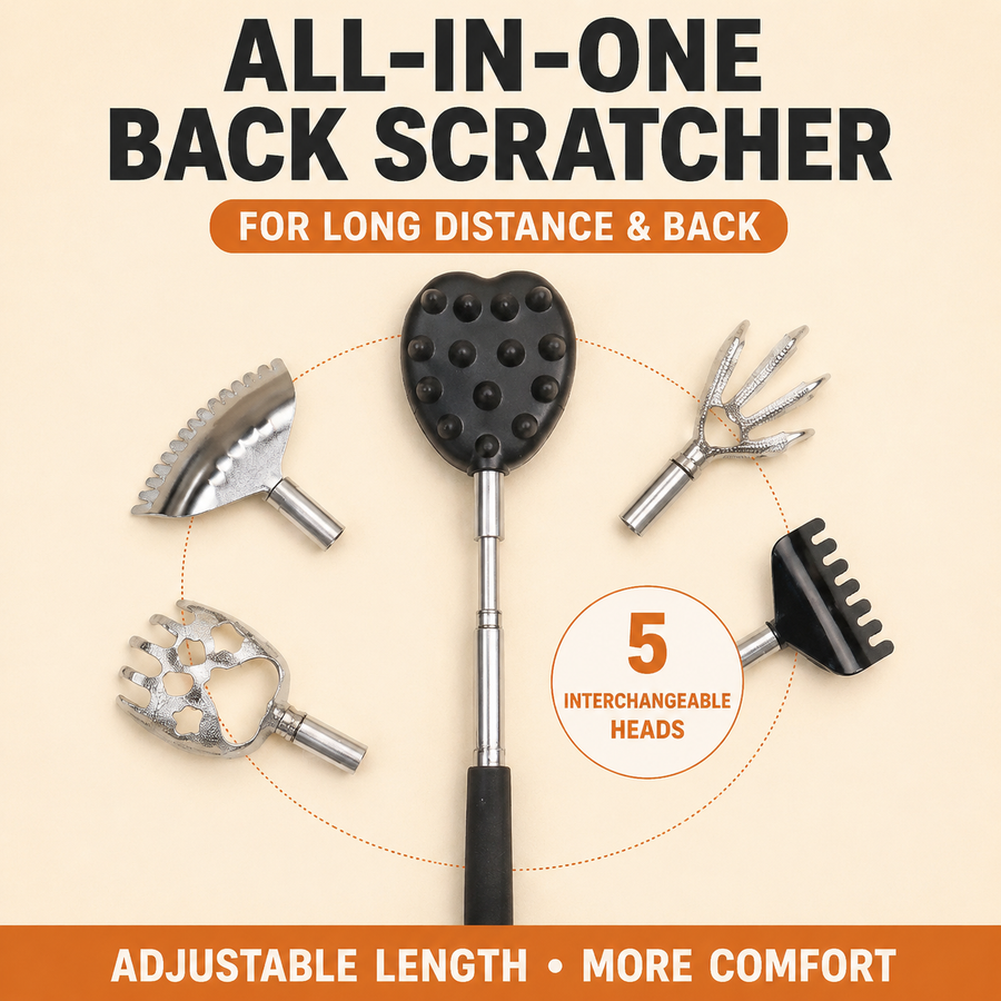 Portable Extendable Back Scratcher Massage Tool with 5 Detachable Heads – Metal Telescopic Rod and Non Slip Grip for Back Relief and Daily Comfort