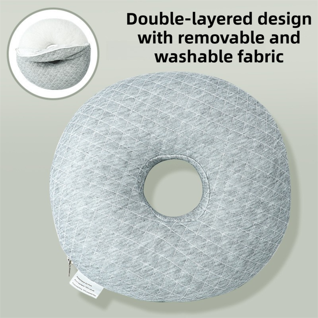 Quilted Grey 30CM Round Ear Protection Pillow with Hole Design – Milk Silk Removable Cover and PP Cotton Core, Side Sleeper Pillow & Neck Support Cushion for Ear Pressure Relief