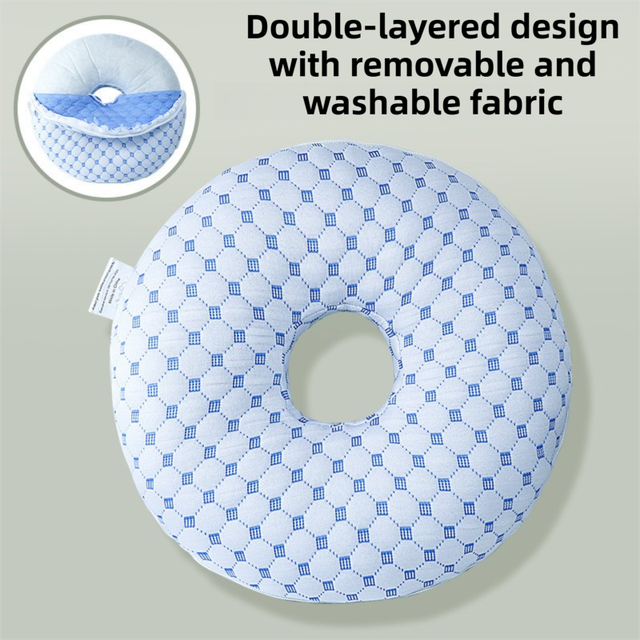 Blue 30CM Round Ear Protection Pillow with Hole Design – Milk Silk Removable Cover and PP Cotton Core, Side Sleeper Pillow & Neck Support Cushion for Ear Pressure Relief