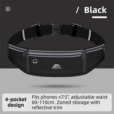 Black Breathable & Waterproof Lycra Running Waist Bag for 7.5" Phone – Lightweight No Bounce Reflective Fitness Belt with 4 Zipper Pockets, Earphone Hole and Adjustable Strap for Men and Women