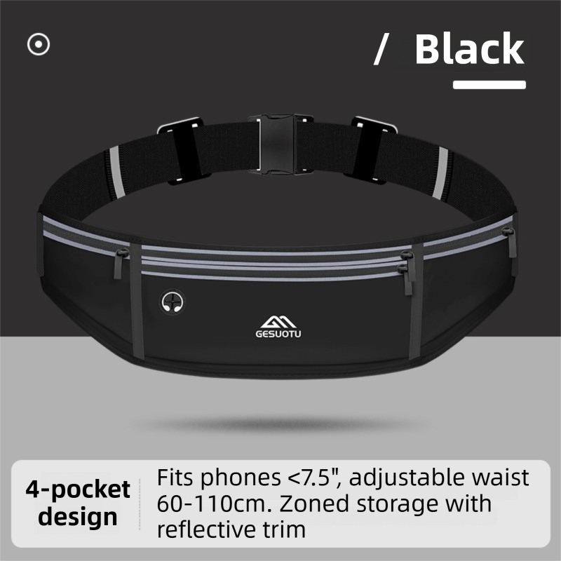 Black Breathable & Waterproof Lycra Running Waist Bag for 7.5" Phone – Lightweight No Bounce Reflective Fitness Belt with 4 Zipper Pockets, Earphone Hole and Adjustable Strap for Men and Women