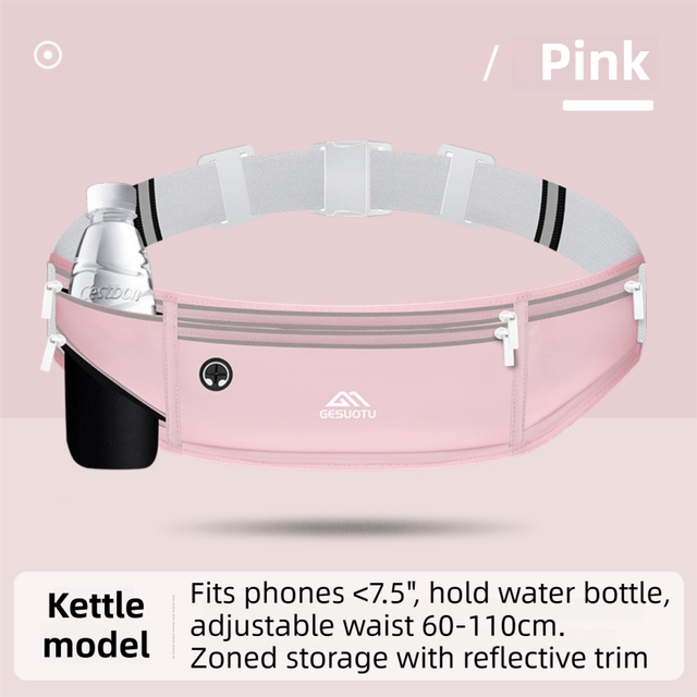 Pink Breathable & Waterproof Lycra Running Waist Bag for Kettle & 7.5" Phone – Lightweight No Bounce Reflective Fitness Belt with 4-Zoned Storage, Earphone Hole and Adjustable Strap for Men and Women