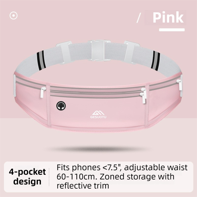 Pink Breathable & Waterproof Lycra Running Waist Bag for 7.5" Phone – Lightweight No Bounce Reflective Fitness Belt with 4 Zipper Pockets, Earphone Hole and Adjustable Strap for Men and Women