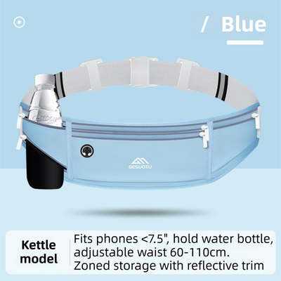 Blue Breathable & Waterproof Lycra Running Waist Bag for Kettle & 7.5" Phone – Lightweight No Bounce Reflective Fitness Belt with 4-Zoned Storage, Earphone Hole and Adjustable Strap for Men and Women