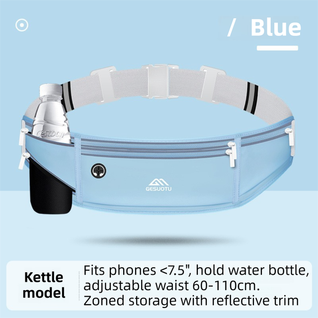 Blue Breathable & Waterproof Lycra Running Waist Bag for Kettle & 7.5" Phone – Lightweight No Bounce Reflective Fitness Belt with 4-Zoned Storage, Earphone Hole and Adjustable Strap for Men and Women