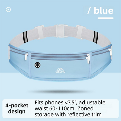 Blue Breathable & Waterproof Lycra Running Waist Bag for 7.5" Phone – Lightweight No Bounce Reflective Fitness Belt with 4 Zipper Pockets, Earphone Hole and Adjustable Strap for Men and Women
