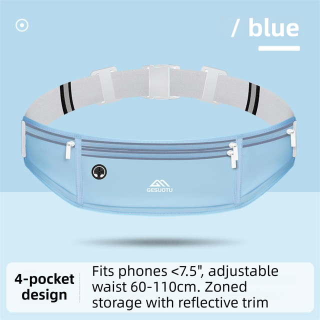 Blue Breathable & Waterproof Lycra Running Waist Bag for 7.5" Phone – Lightweight No Bounce Reflective Fitness Belt with 4 Zipper Pockets, Earphone Hole and Adjustable Strap for Men and Women