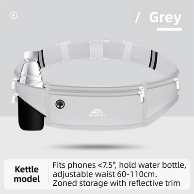 Grey Breathable & Waterproof Lycra Running Waist Bag for Kettle & 7.5" Phone – Lightweight No Bounce Reflective Fitness Belt with 4-Zoned Storage, Earphone Hole and Adjustable Strap for Men and Women