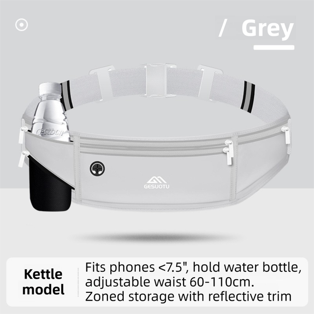 Grey Breathable & Waterproof Lycra Running Waist Bag for Kettle & 7.5" Phone – Lightweight No Bounce Reflective Fitness Belt with 4-Zoned Storage, Earphone Hole and Adjustable Strap for Men and Women