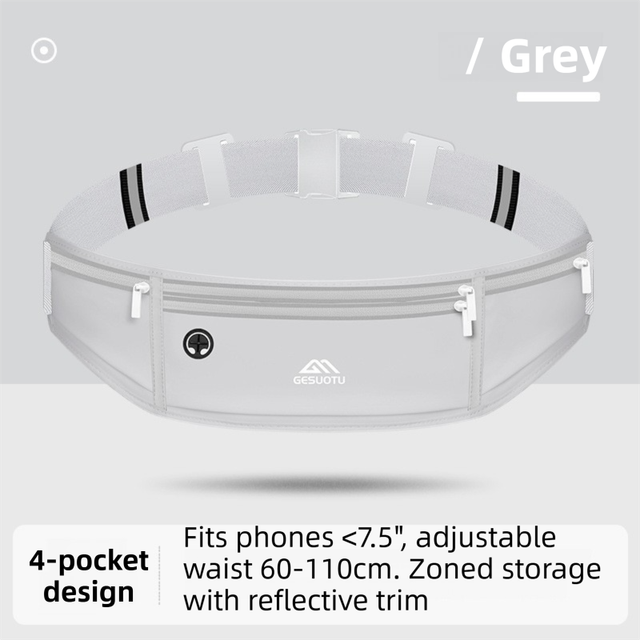 Grey Breathable & Waterproof Lycra Running Waist Bag for 7.5" Phone – Lightweight No Bounce Reflective Fitness Belt with 4 Zipper Pockets, Earphone Hole and Adjustable Strap for Men and Women