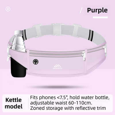 Purple Breathable & Waterproof Lycra Running Waist Bag for Kettle & 7.5" Phone – Lightweight No Bounce Reflective Fitness Belt with 4-Zoned Storage, Earphone Hole and Adjustable Strap for Men and Women