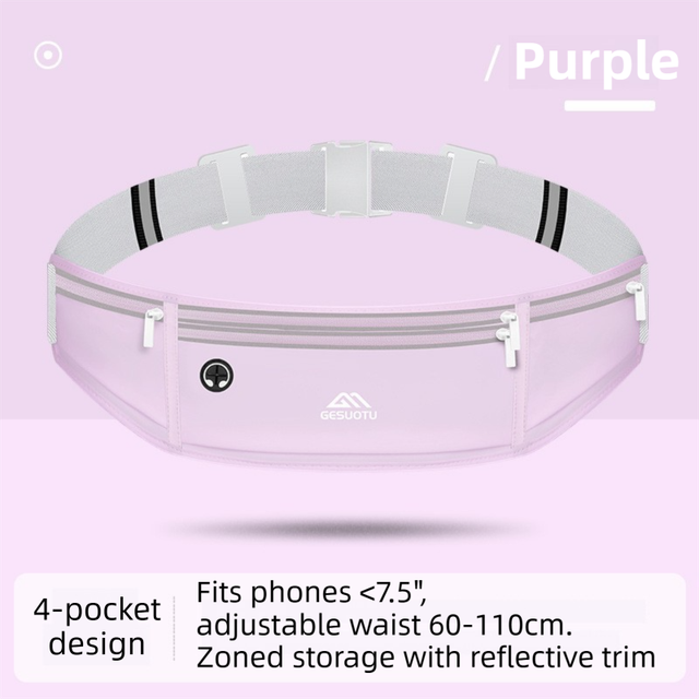 Purple Breathable & Waterproof Lycra Running Waist Bag for 7.5" Phone – Lightweight No Bounce Reflective Fitness Belt with 4 Zipper Pockets, Earphone Hole and Adjustable Strap for Men and Women