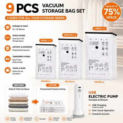 12-Piece Vacuum Storage Bags Set with USB Electric Pump – Thickened PA+PE Space Saving Compression Bags for Clothes, Blankets and Bedding, Leak Resistant Organiser for Home Storage and Travel,  3PCS of S / M / L / XL