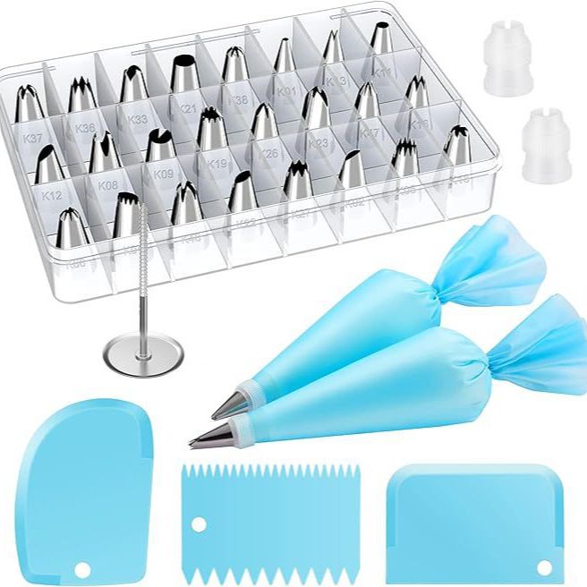 32-Piece Blue Cake Decorating Kit with 24 Numbered Icing Piping Tips, 2 Reusable Pastry Bags, 3 Icing Scrapers and Organised Storage Case for Frosting Cookie Cupcake
